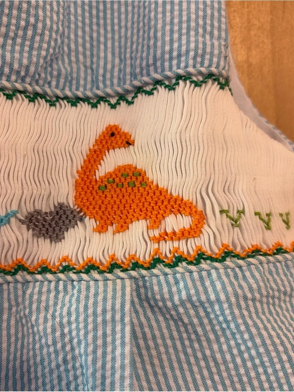 Classy Couture Seersucker Shortall Blue White Dinosaur Unisex Toddler 24 Mo